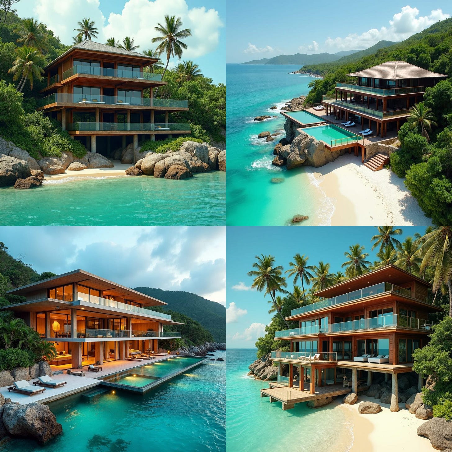 A luxurious, 3-story, 10-bedroom Jamaican timber home, with large windows, elevated platforms, and glass pools cantilevered over the turquoise Caribbean Sea, set on the picturesque 7 Mile Beach in Negril Town, Jamaica. Weathered wooden accents, lush tropical foliage, and rugged rock formations surround the modern, elegant structure.