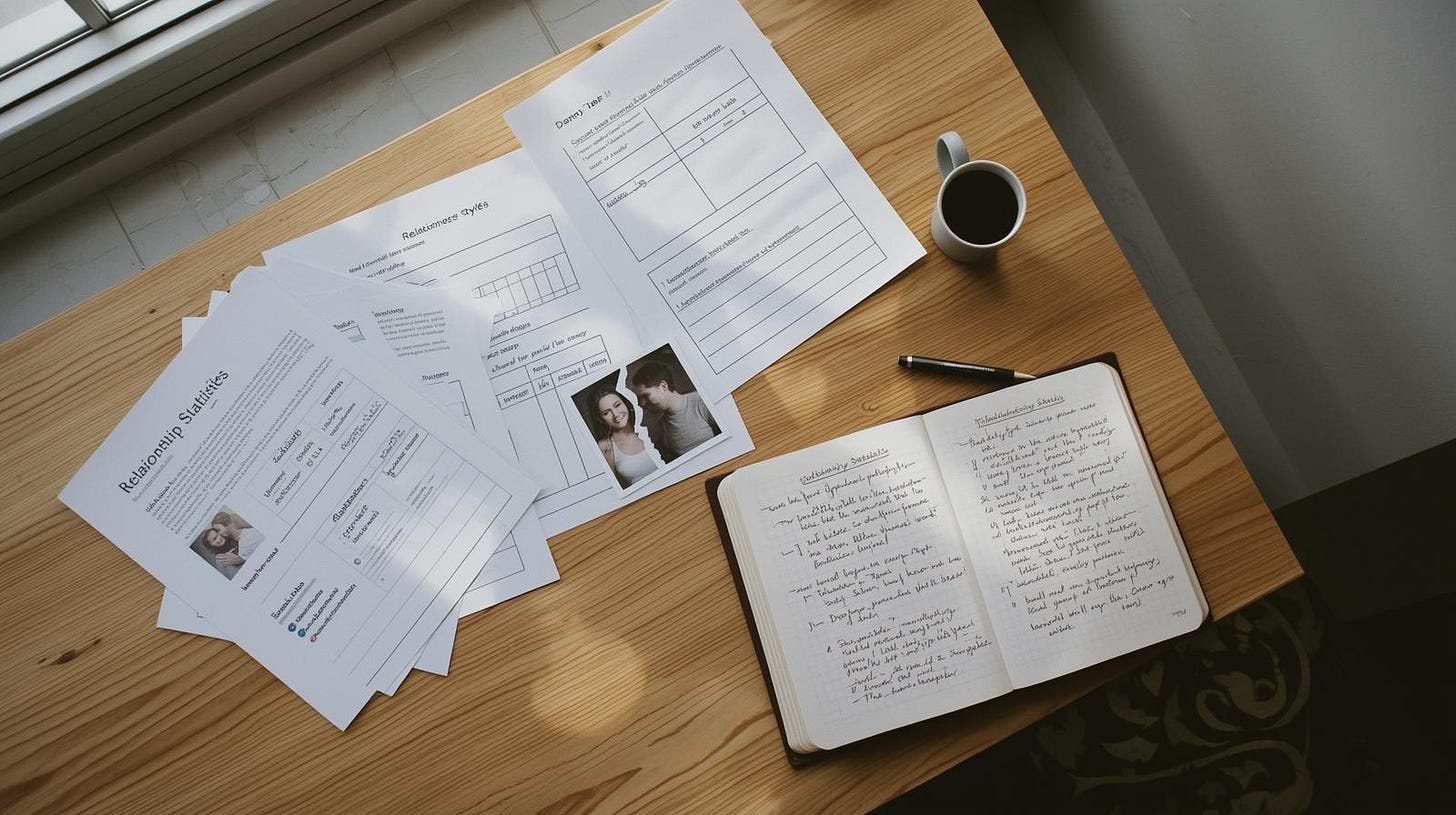charts and notes illustrating modern relationship statistics and dating patterns on a wooden desk charts and notes illustrating modern relationship statistics and dating patterns on a wooden desk