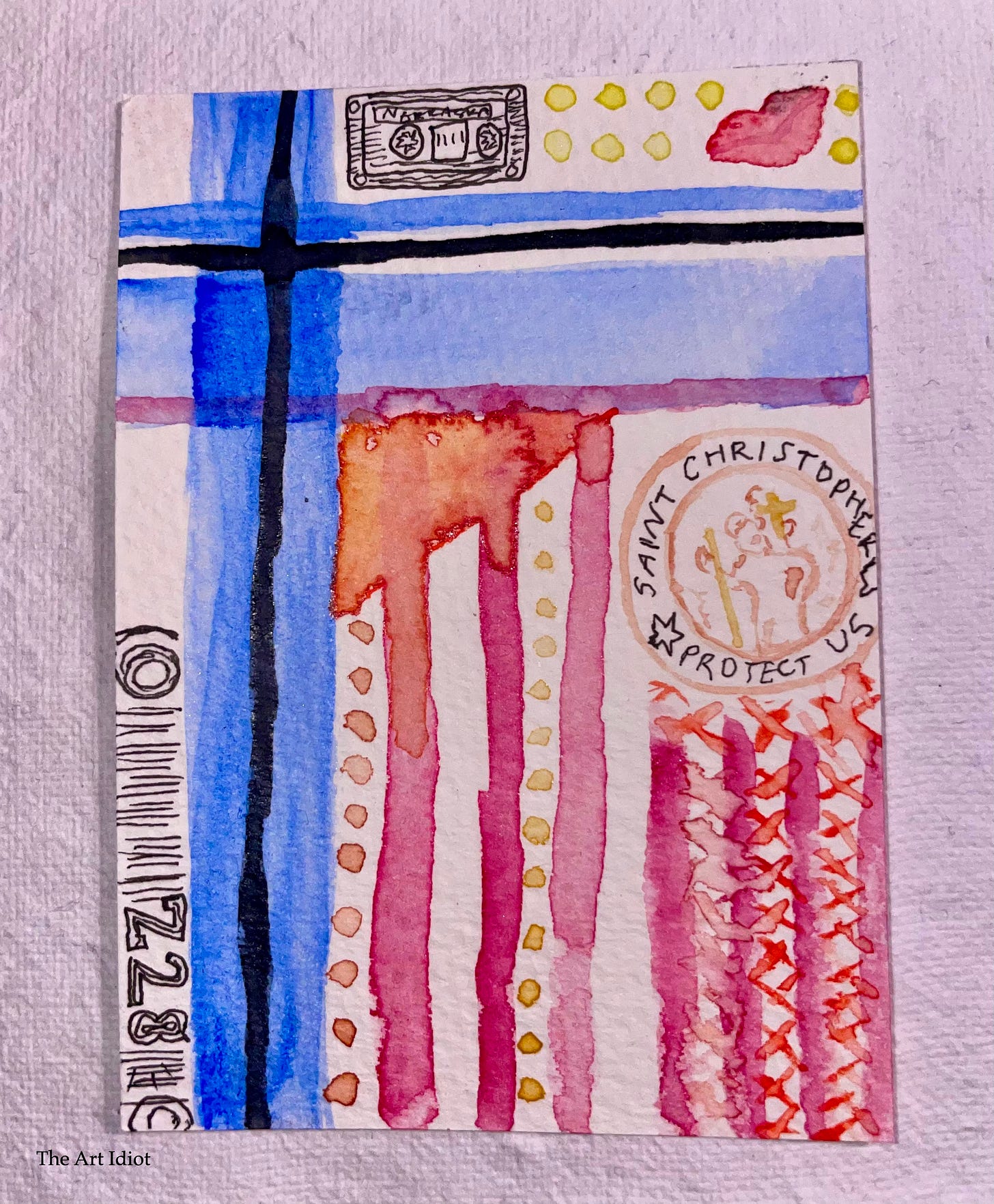 abstract blue, red, and orange flannel patterns, sketches of cassettes and car grills, american flag imagery with a St. Christopher pendant