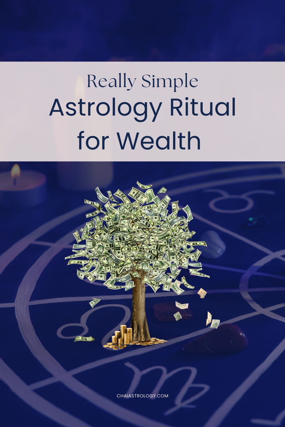 Money tree on astrology chart with candle; text reads "Really Simple Astrology Ritual for Wealth"; blue background.