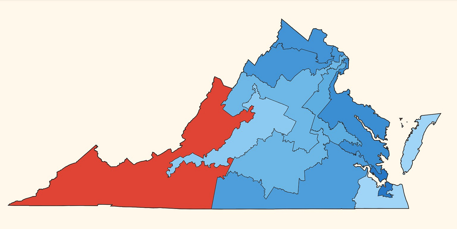 If voters approve of the Democrats’ newly proposed House district map, Southwest Virginia would likely be the only area in the commonwealth that has a Republican member in the U.S. House of Representatives, while ten Democrats would represent everywhere else. (Image:{&nbsp;}State Navigate)