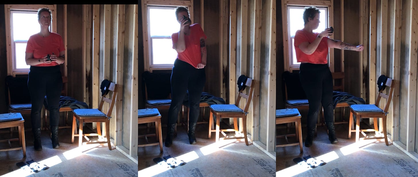 the unfinished, four-chaired room in triplicate, and in each frame a person with a mug and a bright shirt