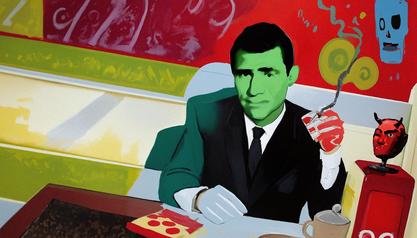 "Imagine If You Will... A New Circle of Hell," a digital image by Johnny Profane Âû. In a diner with a vividly colored, abstract mural background, Rod Serling, a white male with a five-o'clock shadow, is depicted smoking a cigarette. He's dressed in a black suit with a white shirt and black tie. His skin is painted an unnatural green, adding a surreal touch. In front of him on the table is a slice of pizza, a napkin dispenser, and a sugar bowl. On top of the napkin dispenser sits a devil's head bobble toy, adding a quirky element to the scene. The art style is rough and expressive, reminiscent of Basquiat, with bold, chaotic strokes and vibrant colors. The background transitions from dark to light, highlighting Serling's figure in the center. This image captures the surreal and chaotic nature of navigating social pressures and forced interactions, reflective of the themes in the accompanying text about the challenges of maintaining authenticity, dealing with sensory overload, and facing manipulative dynamics in professional settings. Digital tools included AI. "Imagine If You Will... A New Circle of Hell," a digital image by Johnny Profane Âû. In a diner with a vividly colored, abstract mural background, Rod Serling, a white male with a five-o'clock shadow, is depicted smoking a cigarette. He's dressed in a black suit with a white shirt and black tie. His skin is painted an unnatural green, adding a surreal touch. In front of him on the table is a slice of pizza, a napkin dispenser, and a sugar bowl. On top of the napkin dispenser sits a devil's head bobble toy, adding a quirky element to the scene. The art style is rough and expressive, reminiscent of Basquiat, with bold, chaotic strokes and vibrant colors. The background transitions from dark to light, highlighting Serling's figure in the center. This image captures the surreal and chaotic nature of navigating social pressures and forced interactions, reflective of the themes in the accompanying text about the challenges of maintaining authenticity, dealing with sensory overload, and facing manipulative dynamics in professional settings. Digital tools included AI.