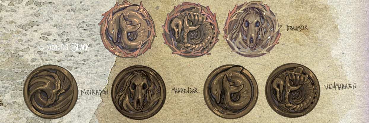 Seven bronze rank medallions arranged in two rows showing Arunean naval insignia progression. Bottom row: Lieutenant (churning waves), Captain (drauhessa/drown-horse skull), Commodore with two variants (living dolphin and skeletal dolphin). Top row: Three Admiral variants showing both drauhessa and dolphin options with pearlescent backing. Each medallion depicts the mythological symbol that marks what the officer survived to earn their rank. Seven bronze rank medallions arranged in two rows showing Arunean naval insignia progression. Bottom row: Lieutenant (churning waves), Captain (drauhessa/drown-horse skull), Commodore with two variants (living dolphin and skeletal dolphin). Top row: Three Admiral variants showing both drauhessa and dolphin options with pearlescent backing. Each medallion depicts the mythological symbol that marks what the officer survived to earn their rank.