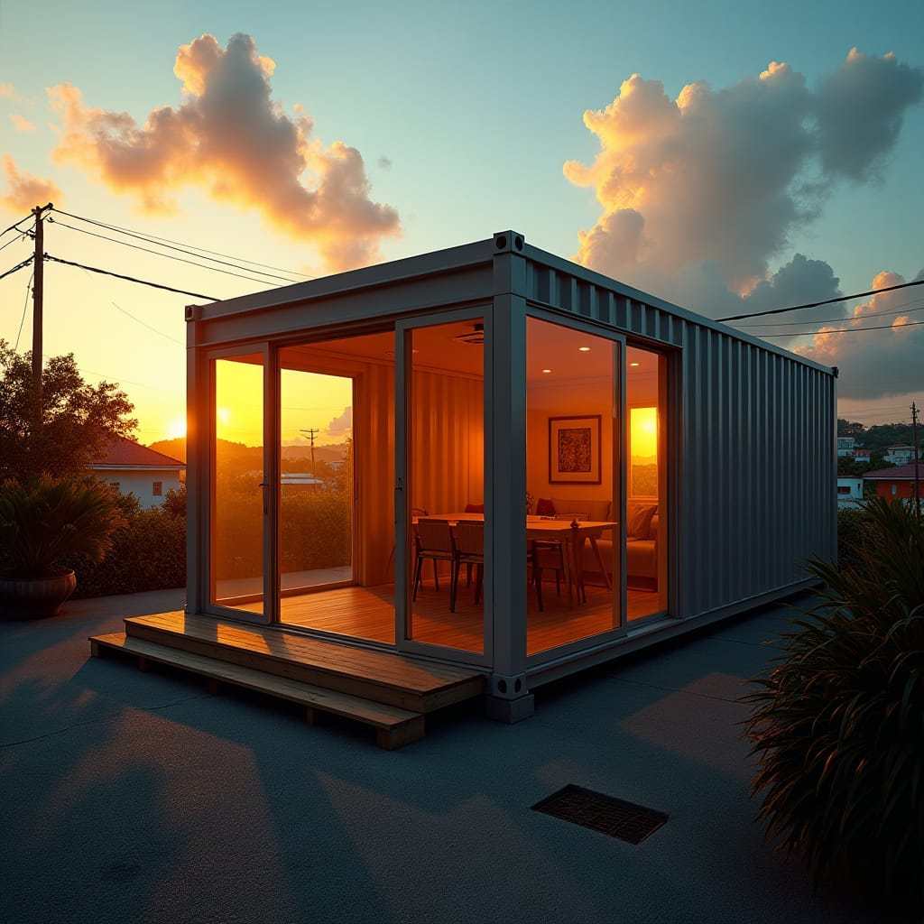 A sleek, modern prefab shipping container home stands amidst the vibrant cityscape of Kingston, Jamaica, bathed in warm, golden light, as if set aflame by the setting sun. Cinematic lighting casts dramatic shadows, accentuating the home's clean lines and industrial-chic aesthetic