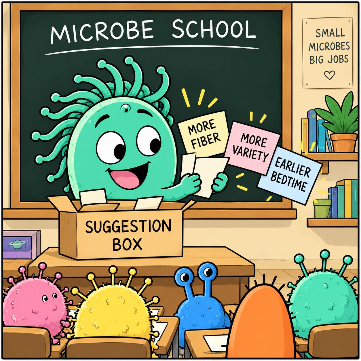 Omie opens the Microbe School suggestion box as curious microbes look on.