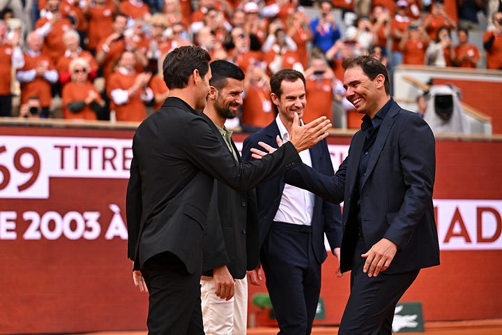 Rafael Nadal, Roger Federer, Novak Djokovic and Andy Murray reunited for Nadal's ceremony at Roland-Garros.