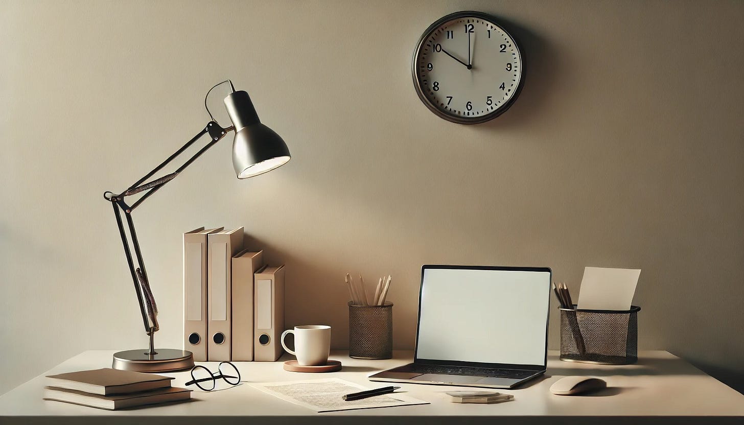 Source DALL-E: A minimalist workspace featuring a neat desk with a laptop, a few neatly stacked papers, a coffee cup, and a simple desk lamp casting a soft light. The background includes a clean, light-colored wall with a single clock showing a late hour. The atmosphere is calm and slightly serious, conveying a subtle sense of urgency, perfect for a professional writing environment.