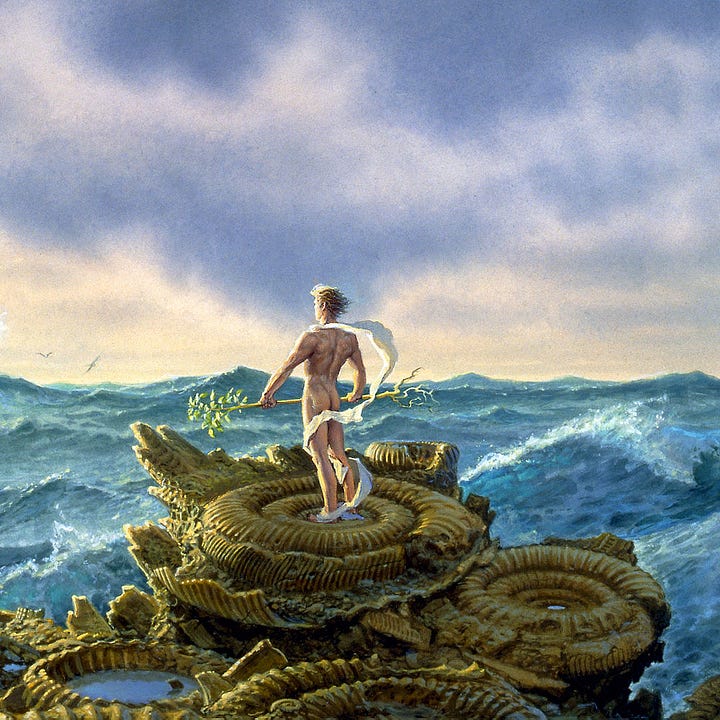 LEFT: Background detail from FORTITUDE featuring stormy waters as a wave crashes into a tiny island. The violent upward spray envelops ammonite fossils. BIrds soar around it just above a horizon disturbed by undulating seas.  RIGHT: Figure detail from FORTITUDE featuring a man standing on an island made of broken ammonite fossils. Naked with a long white scarf loosely winding around him, he holds an uprooted tree with two hands like a staff in front of him, bracing for the waves to come.