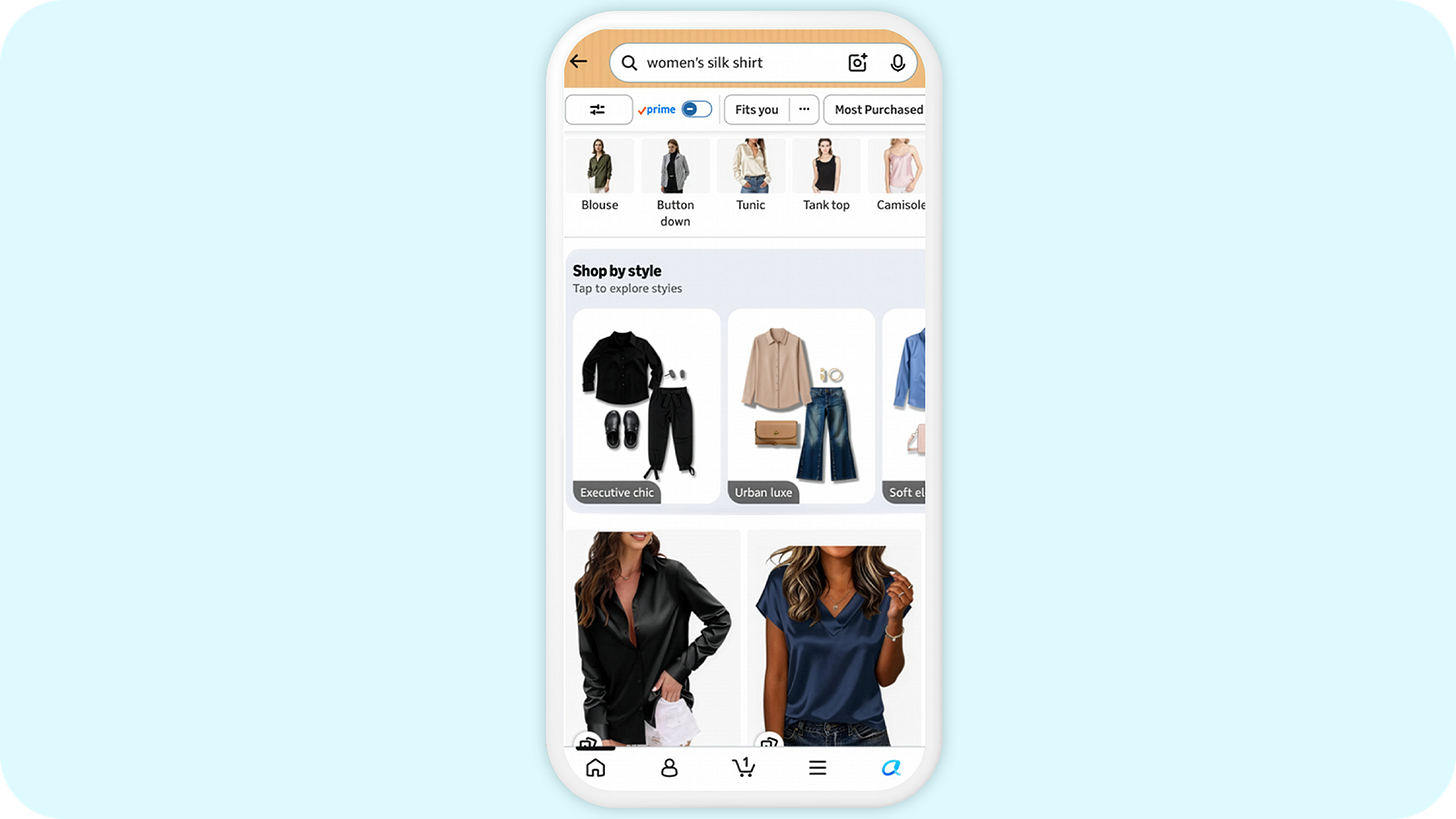 Amazon shopping interface showing women's silk shirt search results with style categories and product filters Amazon shopping interface showing women's silk shirt search results with style categories and product filters