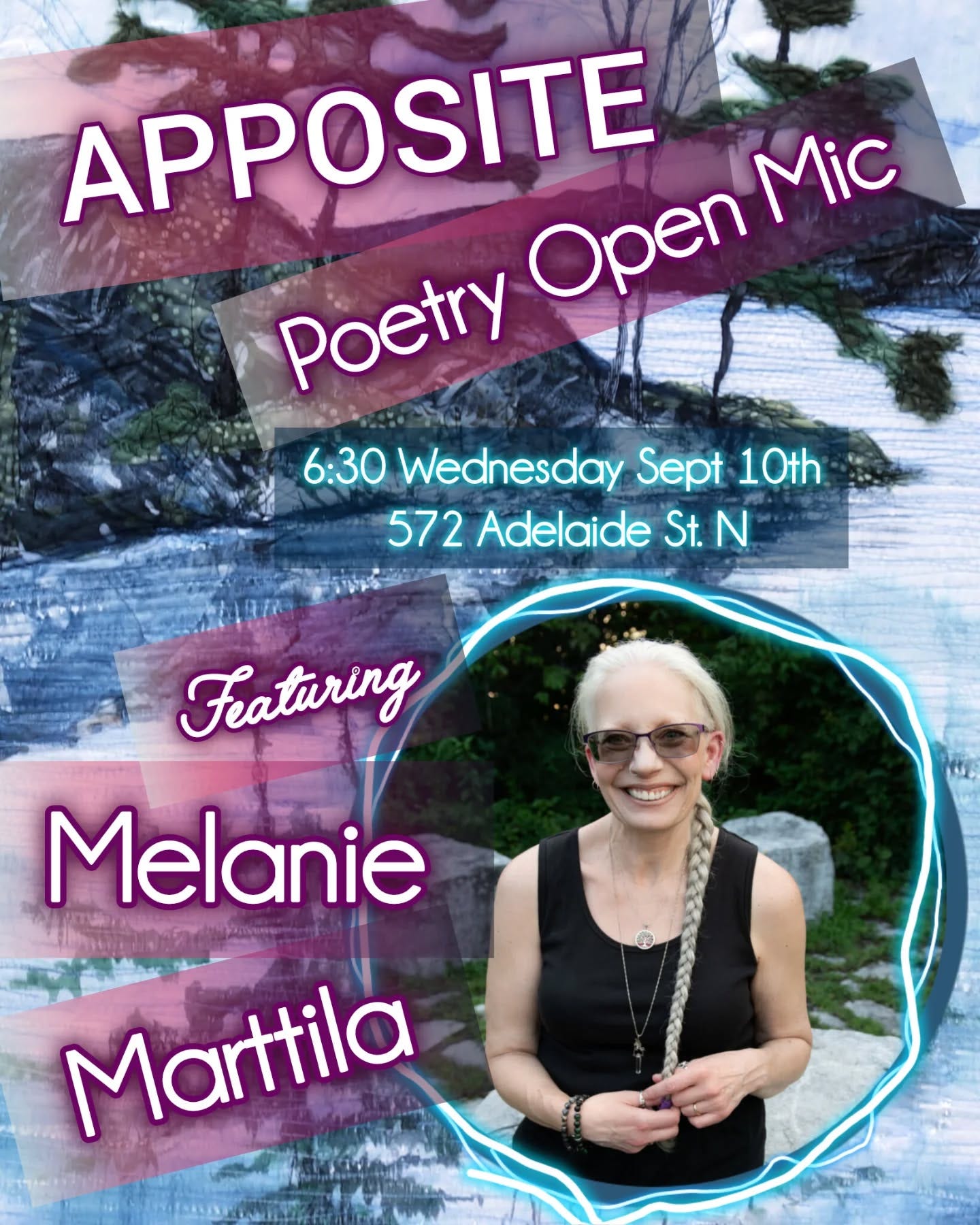 Poster for the Apposite Poetry Reading Series open mic featuring Melanie Marttila on Wednesday, Sept 10th starting at 6:30 pm.