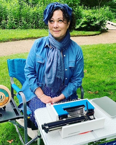 three photos - a typewriter platen with ghost text, a typewriter in a summer garden, and Ami McKay with a typewriter in a garden