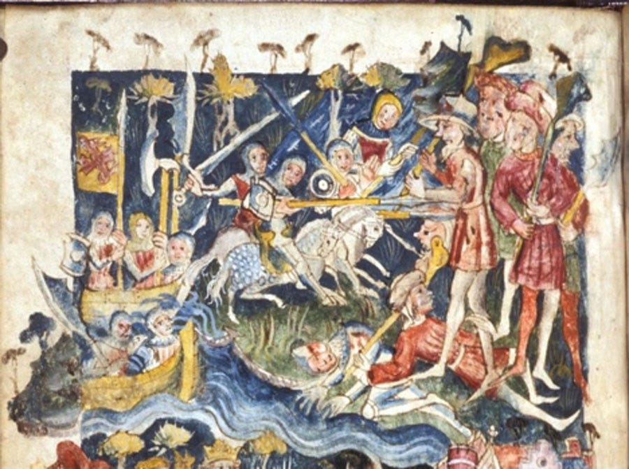 Combat between Brutus's troop and the giants of Albion led by Gogmagog. (1400 -1425) (Public Domain) Combat between Brutus's troop and the giants of Albion led by Gogmagog. (1400 -1425) (Public Domain)