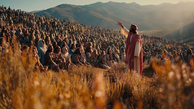 Jesus Speaks To a Large Crowd on a Hillside during the Sunset, Sharing ... Jesus Speaks To a Large Crowd on a Hillside during the Sunset, Sharing ...