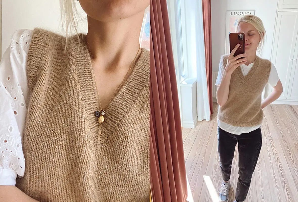 woman wearing camel-colored knitted vest