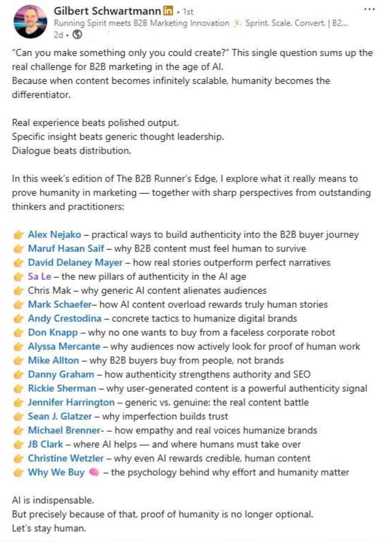 Gilbert Schwartmann citing Sa Le among global marketing leaders during her hiatus.