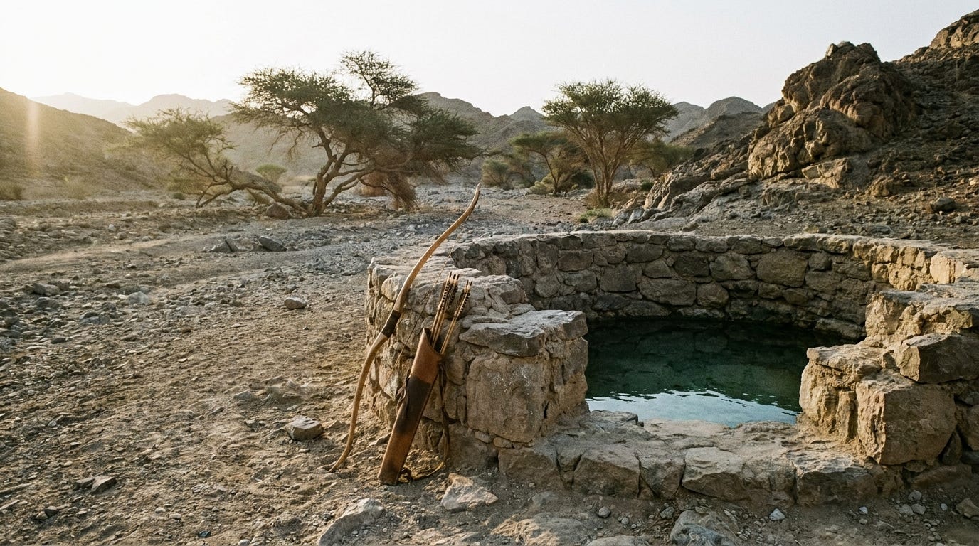 An ancient stone well in a desert wadi with a hunting bow resting against its rim, no people, no faces, no text An ancient stone well in a desert wadi with a hunting bow resting against its rim, no people, no faces, no text