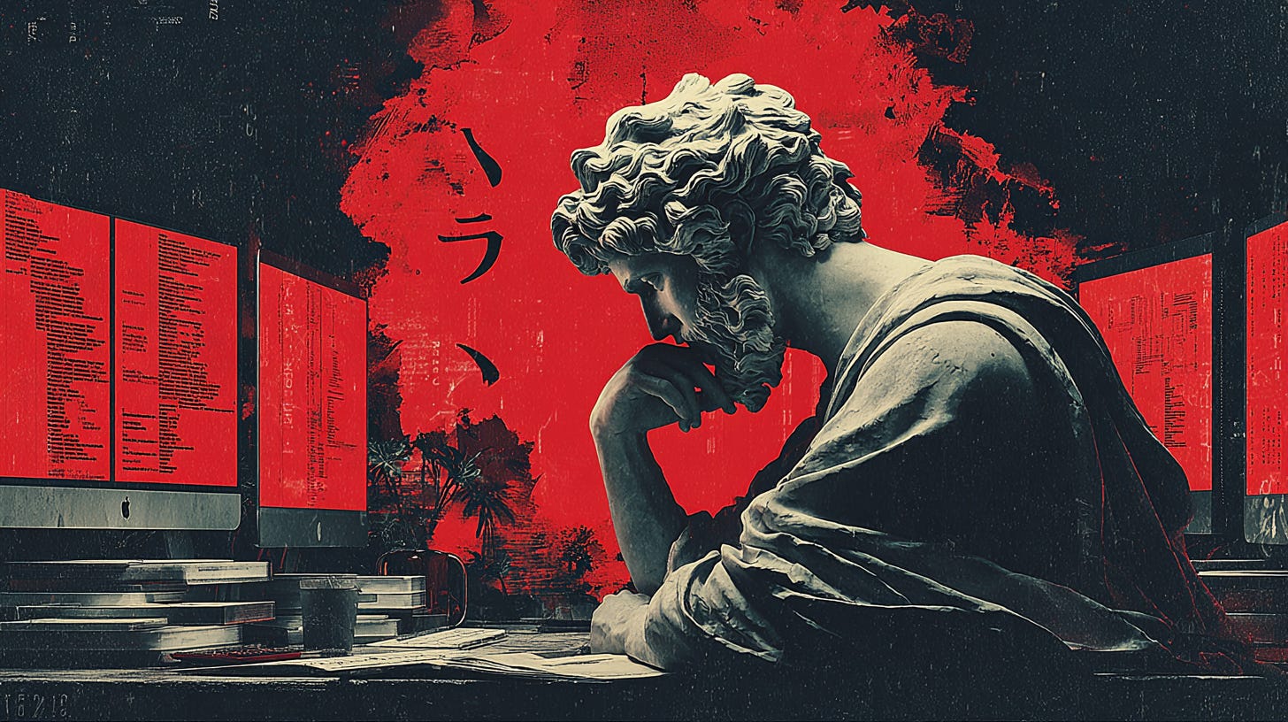 A marble bust of Marcus Aurelius overlooking a modern developer's desk with multiple glowing monitors displaying red error alerts and cascading log messages, 