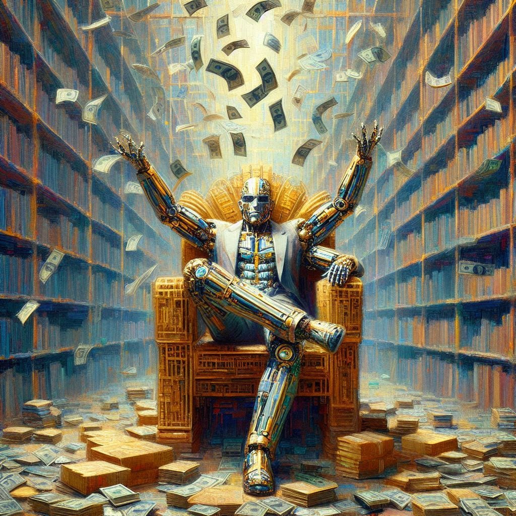 Create a painting of an iconic male cyborg seated on a gold techno throne,exuberantly throwing large quantities of money in the air, in the middle of a wireframe cyberlibrary consisting of thousands of virtual leather books, in the impressionistic style of Claude Monet, using rich, muted tones, diffuse lighting, and wet-on-wet technique. Create a painting of an iconic male cyborg seated on a gold techno throne,exuberantly throwing large quantities of money in the air, in the middle of a wireframe cyberlibrary consisting of thousands of virtual leather books, in the impressionistic style of Claude Monet, using rich, muted tones, diffuse lighting, and wet-on-wet technique.
