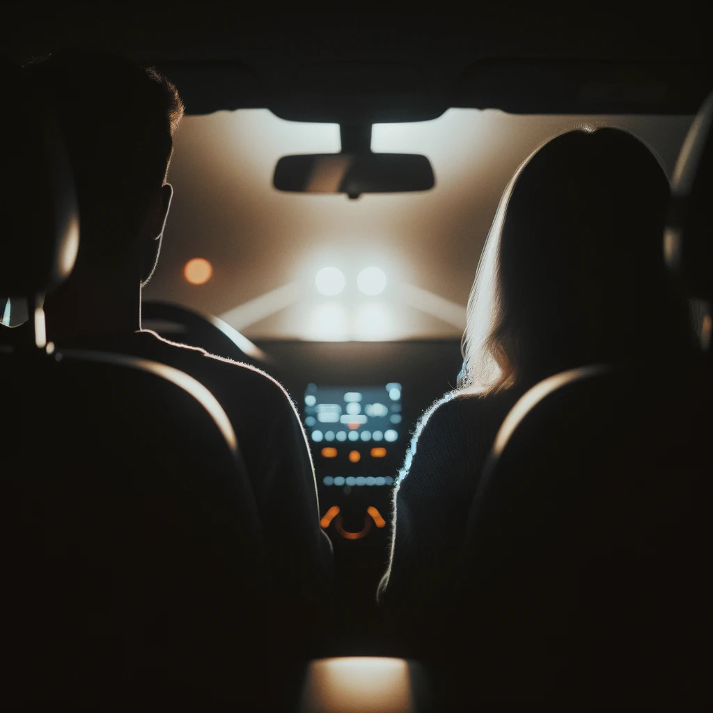 A nighttime scene inside a car, viewed from the perspective of a single passenger sitting in the back seat. The silhouette of a female driver is distinctly visible in the front seat, illuminated softly by the car's dashboard lights. There is only one passenger in the car, and the focus is entirely on the perspective from the back seat, looking at the female driver. The atmosphere is quiet and reflective, with minimal lighting to emphasize the silhouettes.