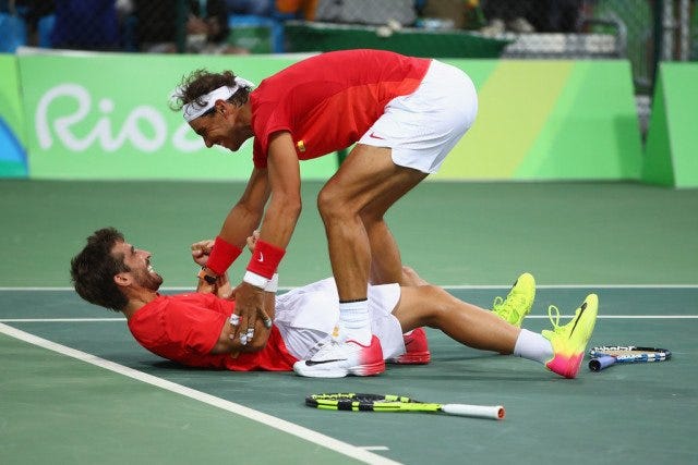 rafael nadal pulling up marc lopez junk at rio olympics 2016 rafael nadal pulling up marc lopez junk at rio olympics 2016