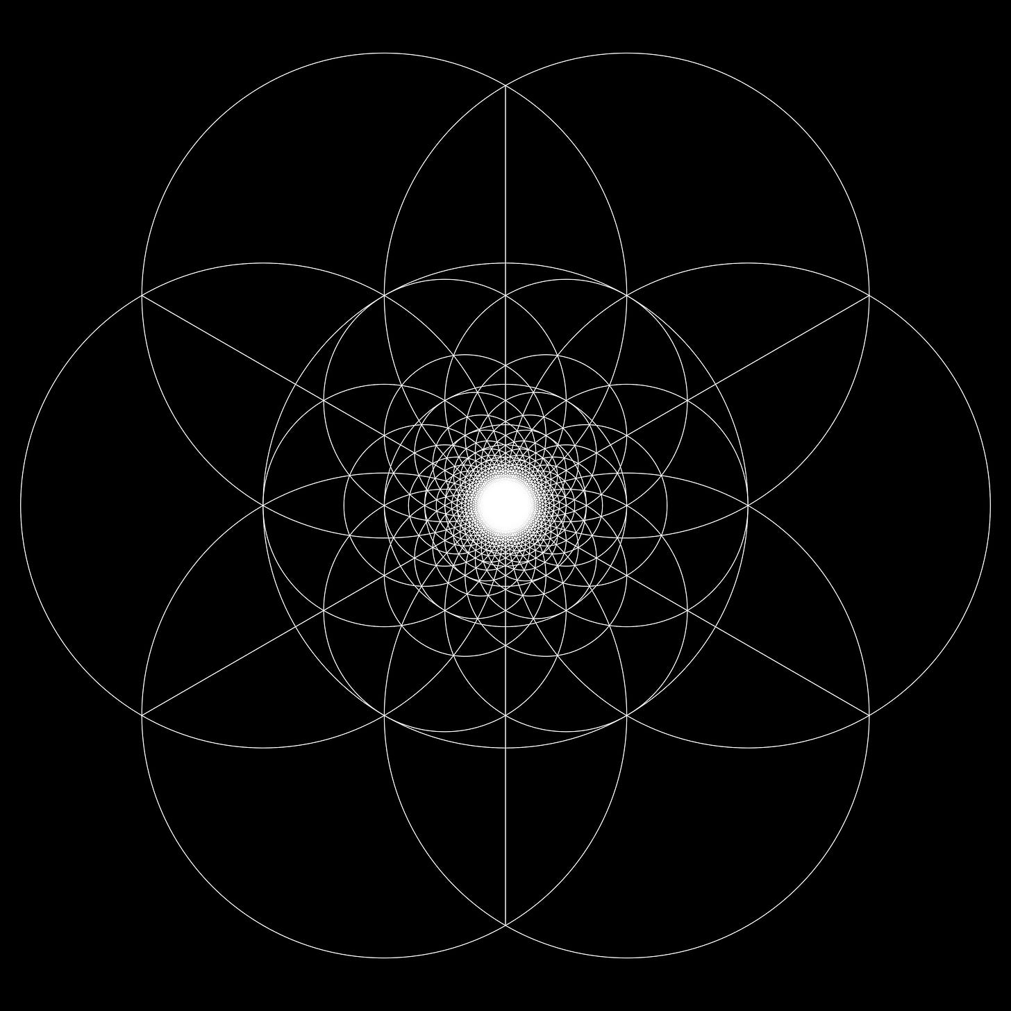 Fractal composition of interlocking seed of life patterns forming a larger geometric whole. 