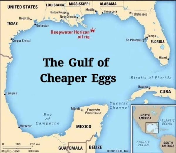 Map of the Gulf of Mexico, renamed The Gulf of Cheaper Eggs