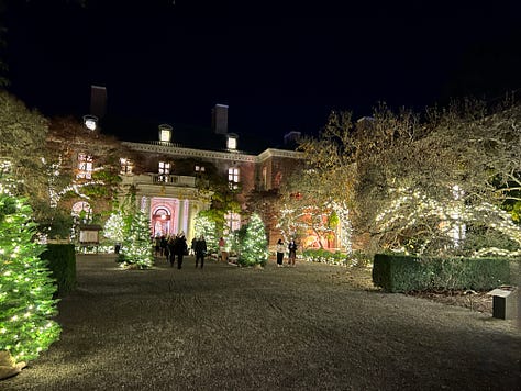 images of Christmas lights and lanterns including a tunnel of light and a tree of books