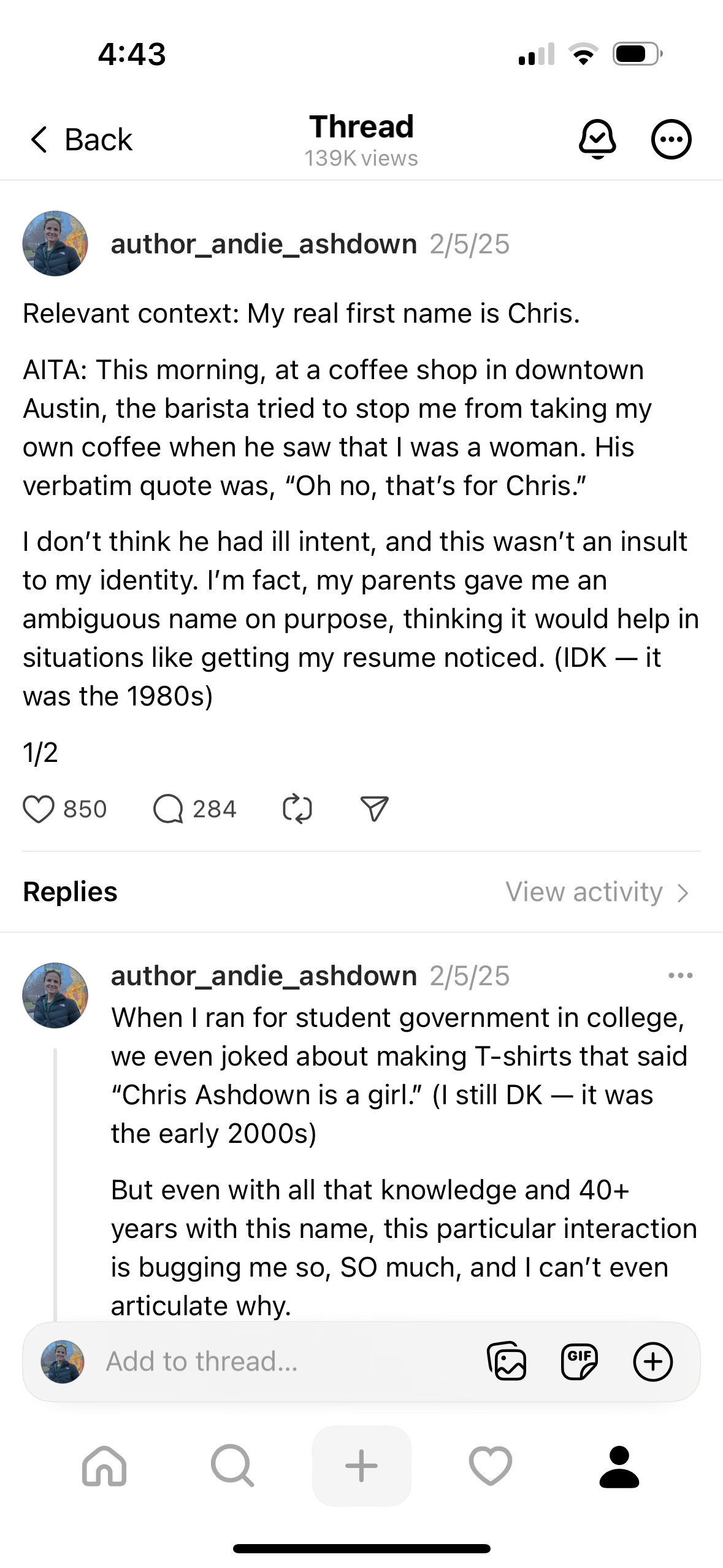 A Threads post about a barista assuming my latte wasn't mine because I'm a woman and the name on the coffee was "Chris"