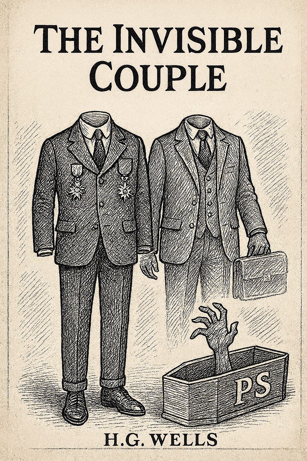 Vintage engraving-style book cover with two empty decorated suits, a coffin labeled PS with a zombie hand, title “The Invisible Couple”, signed H.G. Wells. Vintage engraving-style book cover with two empty decorated suits, a coffin labeled PS with a zombie hand, title “The Invisible Couple”, signed H.G. Wells.