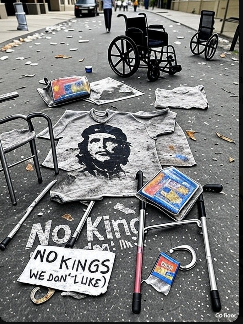 Debris scattered on paved urban area with fallen leaves including empty wheelchair gray t-shirt printed with Che Guevara face torn clothing items protest sign reading No Kings another sign reading We Dont Like Kings food wrappers plastic cups canes and keychains nearby buildings and parked car in background.