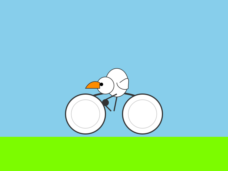 Cartoon illustration of a white bird with an orange beak riding a bicycle against a blue sky background with bright green grass below