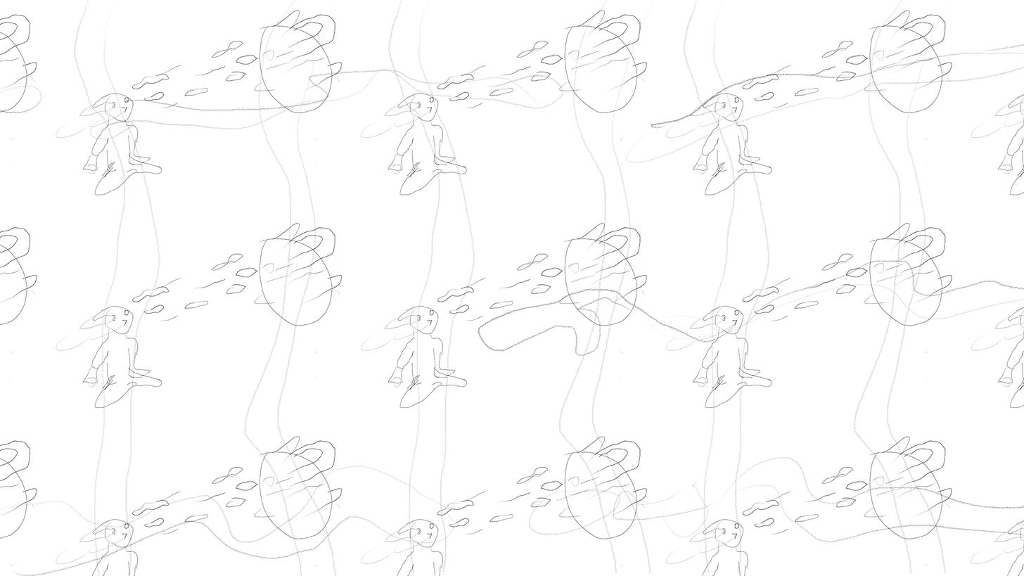 A sketch featuring a seated figure staring at a giant, floating head. Between the two figures are a bunch of floating globs. This scene is arranged as a repeating pattern.