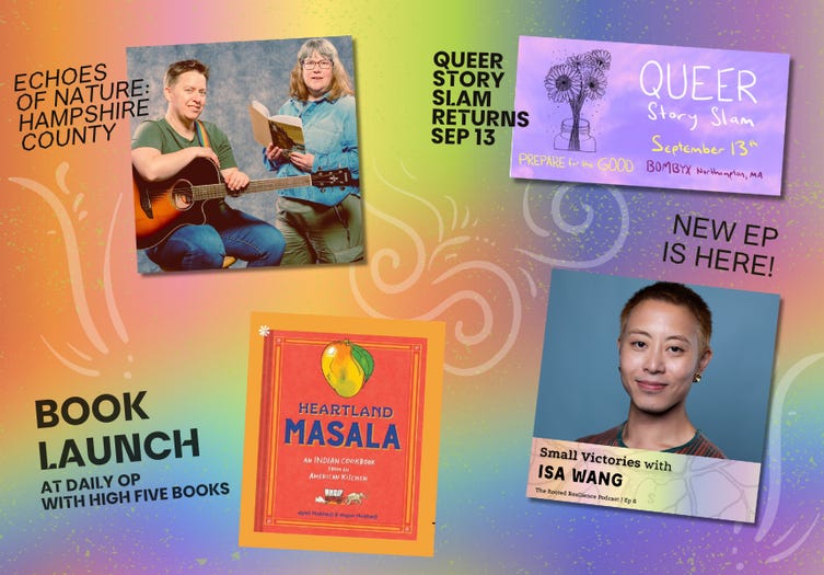 Rainbow gradient background with promo images and headlines all included in text below image. 