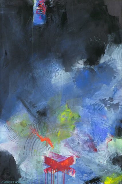 abstract painting with black blue and a dripping red "X" tipped on its side. acrylic gouache on primed panel. charles merritt houghton