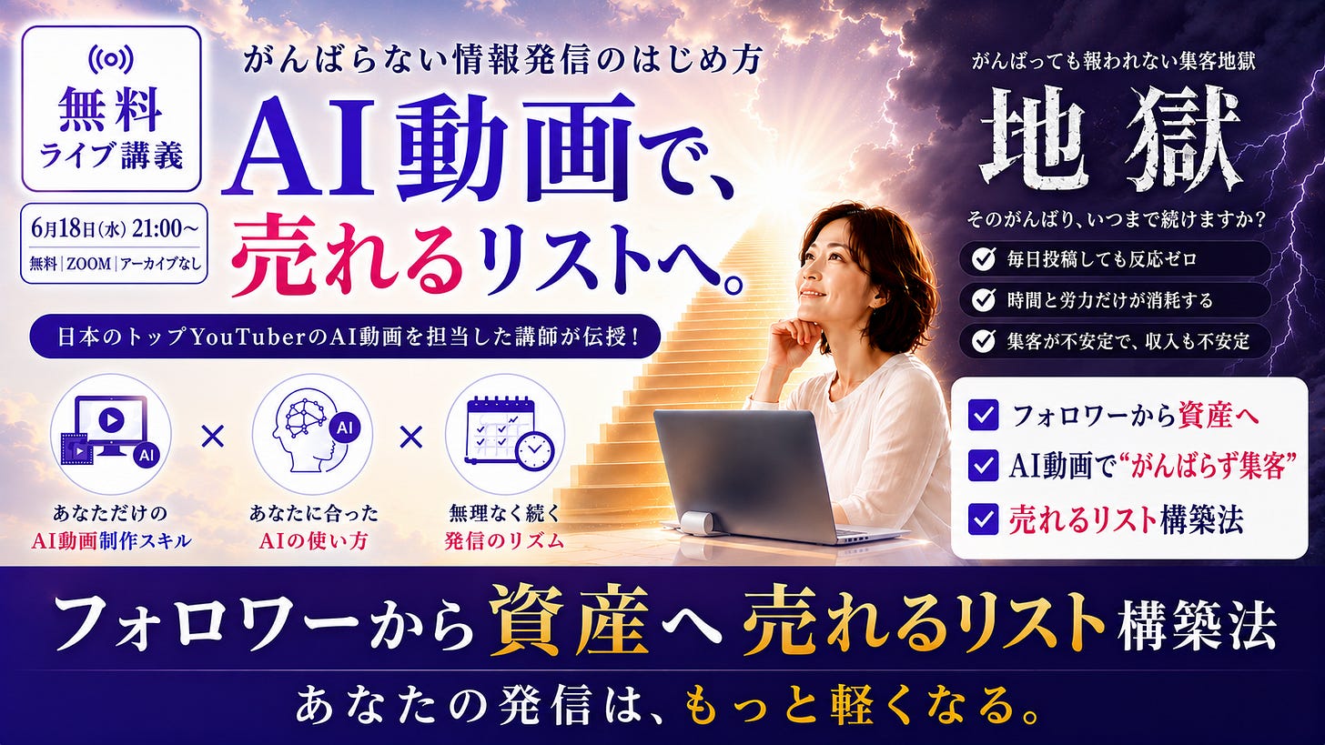 、「((o)) がんばらない情報発信のはじめ方 無料 ライブ講義 AI動画で、 6月18日（水） 無料 無料ZOOM／アーカイプなし ZOOM| アーカイブなし 6月18日（水）21：00~ 21：00～ 売れるリストへ。 日本のトップYouTuberのAI動画を担当した講師が伝授、 日本のト がんばっても報われない集客地供 地獄 獄 地 そのがんばり、いつまで続けますか？ そのがんばり、 いつまで続けますか？ 毎日投稿しても反応ゼロ ても反応ゼロ X AI X 時間と労力だけが消耗する 集客が不安定で、収入も不安定 収入も不安定 集客が不安定で、 フォロワーから資産へ AI動画で"がんばらず集客” 売れるリスト構築法 あなただけの あなたに合った 無理なく続く AI動画制作スキル AIの使い方 発信のリズム フォロワーから資産へ売れるリスト構築法 売れるリスト構築法 フォロワーから資産へ あなたの発信は、 この発信は、もっと軽くなる もっと軽くなる。」というテキストの画像のようです