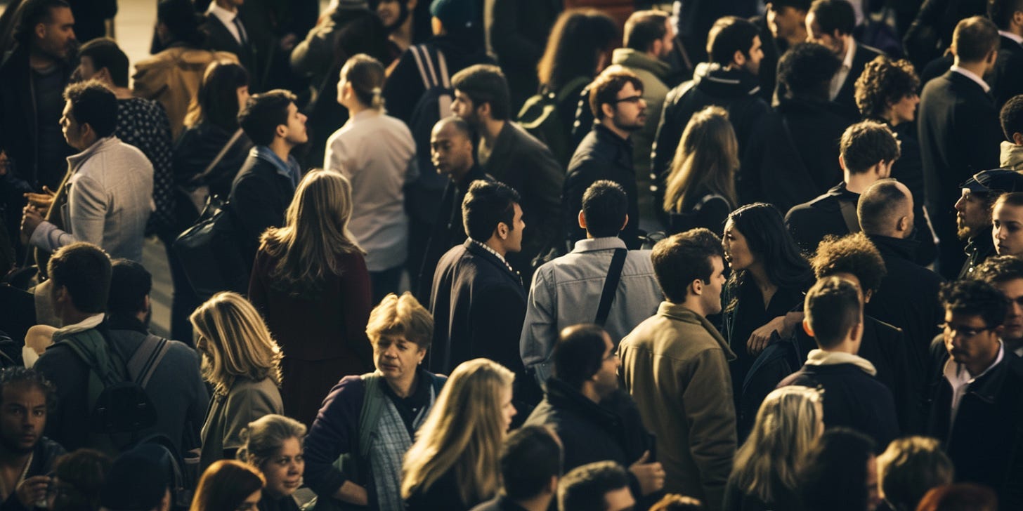 An AI-generated image of a busy crowd with no one going in any particular direction.