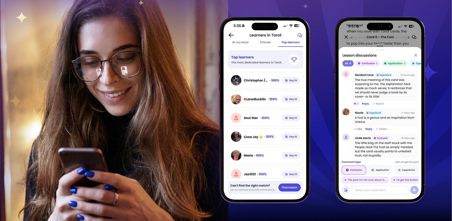 A woman smiling at her phone beside app screens showing a leaderboard and an expert discussion thread. A woman smiling at her phone beside app screens showing a leaderboard and an expert discussion thread.