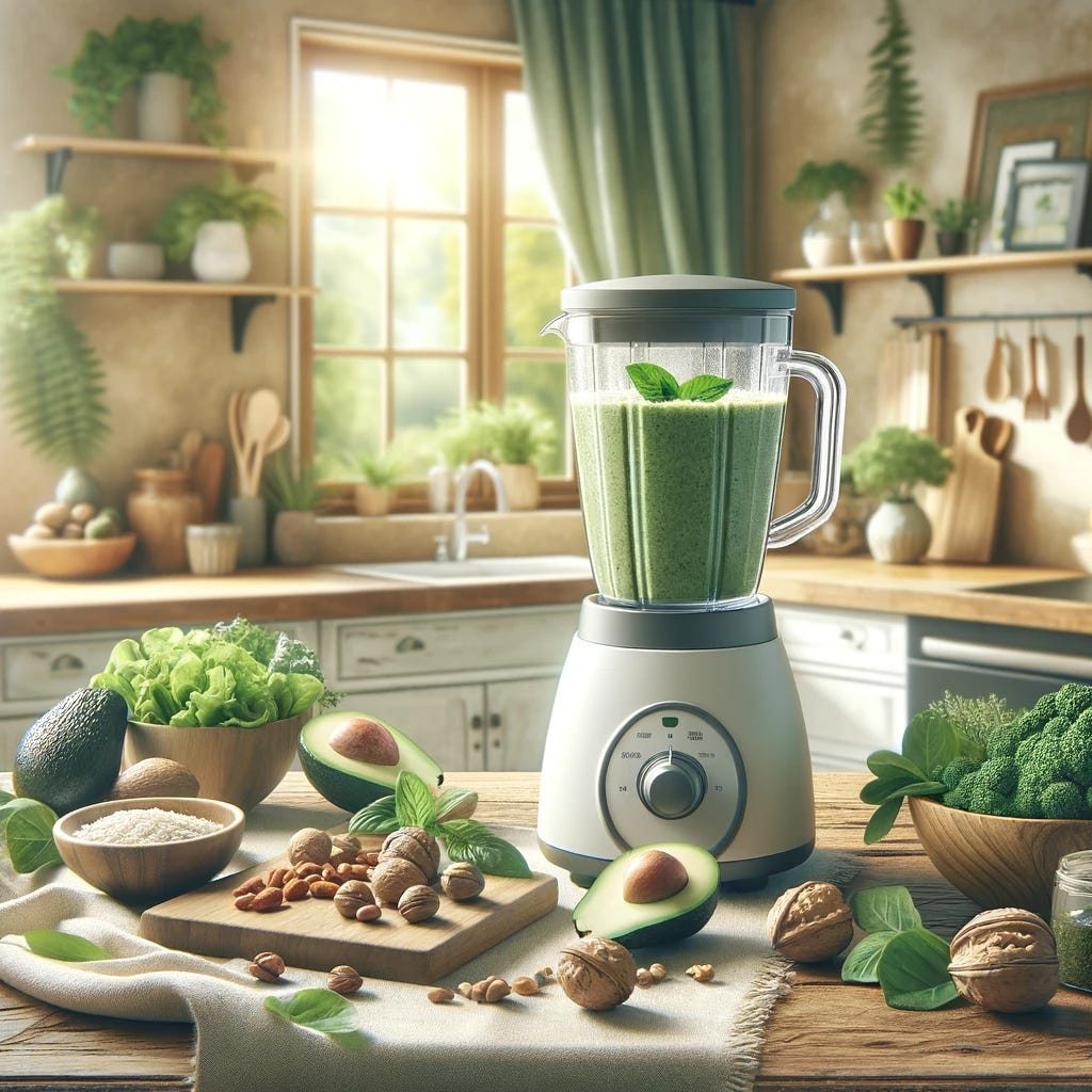 Create an image showing a serene and inviting kitchen with a variety of healthy foods such as avocados, nuts, and leafy greens displayed on the counter. Include a blender filled with a green smoothie, symbolizing the preparation of a ketogenic diet meal. In the background, subtly incorporate elements that suggest a calming and therapeutic environment, such as a bright window with a view of a lush garden, indicating a connection between diet, nature, and wellbeing. The overall atmosphere should evoke a sense of harmony, health, and hope, without showing any people or specific product brands.