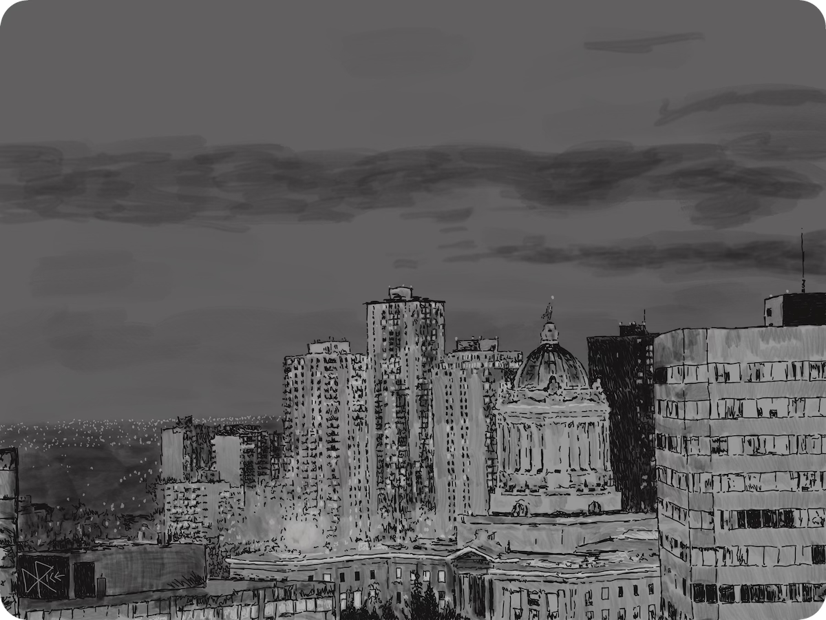 View of downtown Winnipeg, centering on the Manitoba Legislative Building. Sketch art by Don Rice.