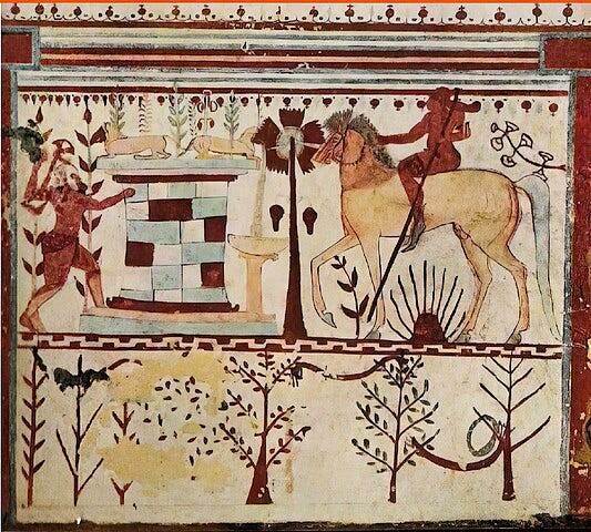 Painting of man with sword advancing against a man on a horse
