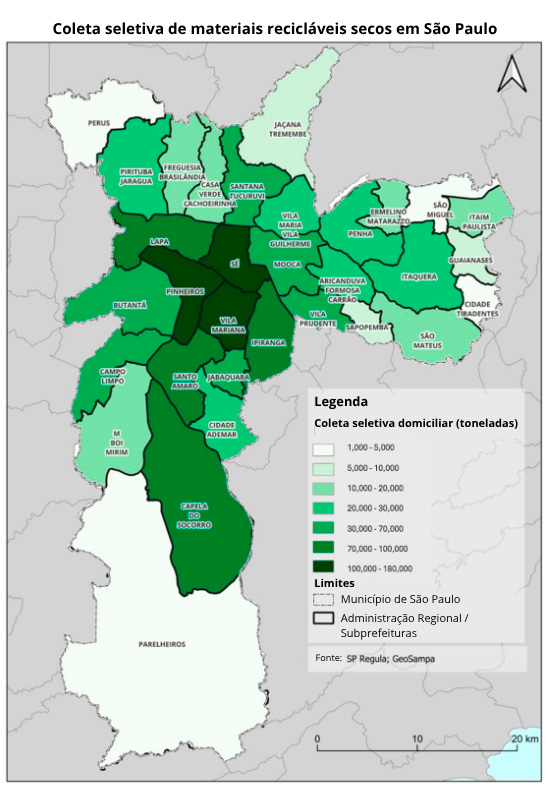 Mapa temático do município de São Paulo mostrando a quantidade acumulada de coleta seletiva domiciliar de recicláveis secos entre 2006 e 2024. As subprefeituras são representadas por diferentes tons de verde, em que os tons mais escuros indicam maiores volumes coletados. Mapa temático do município de São Paulo mostrando a quantidade acumulada de coleta seletiva domiciliar de recicláveis secos entre 2006 e 2024. As subprefeituras são representadas por diferentes tons de verde, em que os tons mais escuros indicam maiores volumes coletados.