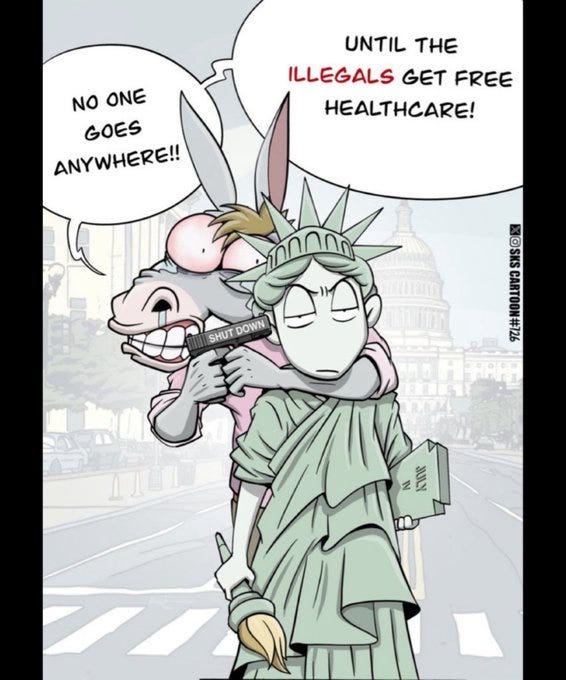 Cartoon illustration shows Statue of Liberty in pinkish dress and green robe wearing crown standing on street with crosswalk and US Capitol in background. She holds gun to head of gray donkey with long ears that has angry expression and speech bubble saying No one goes anywhere until the illegals get free healthcare. Donkey has another speech bubble saying No one goes anywhere. Statue holds document labeled FREE HEALTHCARE. Small Ben Garrison logo visible at bottom right.