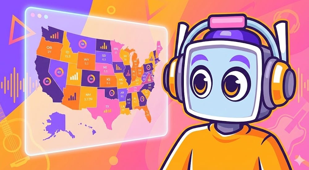 The neuralbuddy robot character viewing a glowing interface displaying a map of the United States with colorful state-level data visualizations.