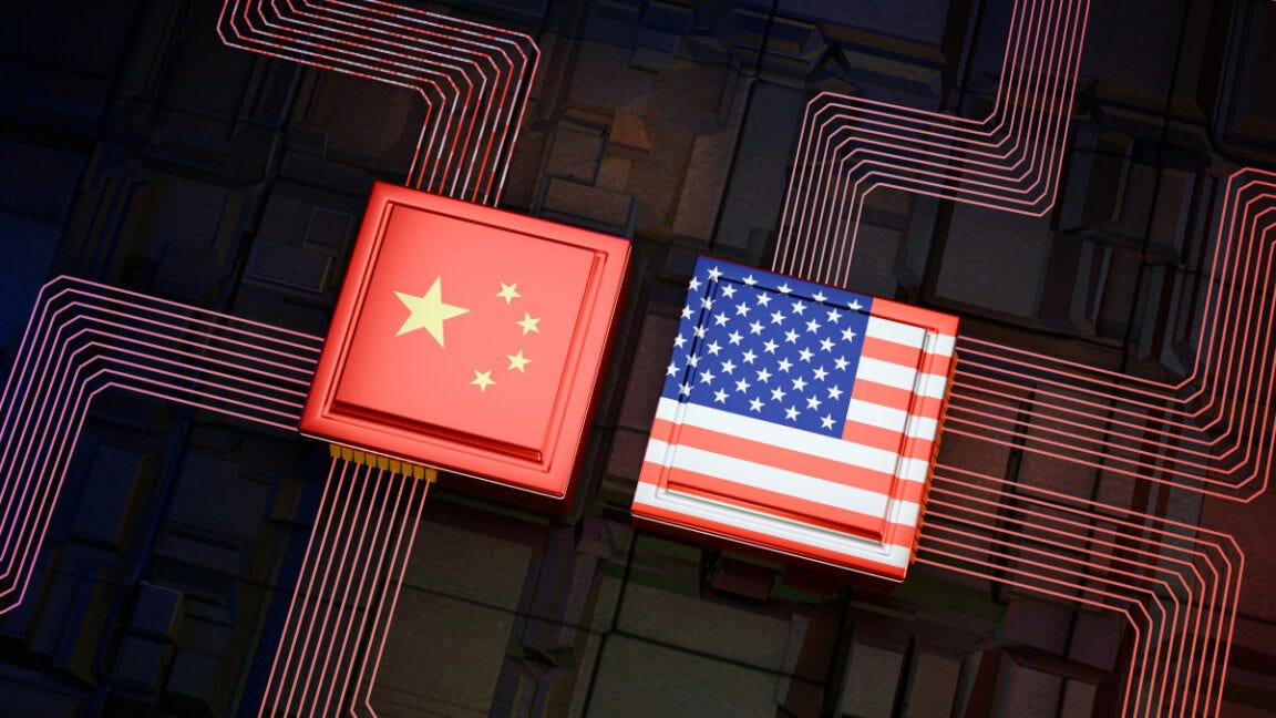 Illustration of a Chinese flag on a chip and US flag on a chip in a circuit.