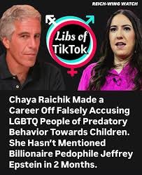 A composite image with text. The top half shows two images side-by-side: on the left, a man with gray hair in a black shirt, and on the right, a woman with long dark hair in a fuchsia-colored shirt. A circular logo with the words "Libs of TikTok" is overlaid in the center of the two people. The logo is framed by a circle with a transgender symbol, a male symbol, and a female symbol. The top right of the image has the text "REICH-WING WATCH." The bottom half of the image has white text on a black background that reads: "Chaya Raichik Made a Career Off Falsely Accusing LGBTQ People of Predatory Behavior Towards Children. She Hasn't Mentioned Billionaire Pedophile Jeffrey Epstein in 2 Months."