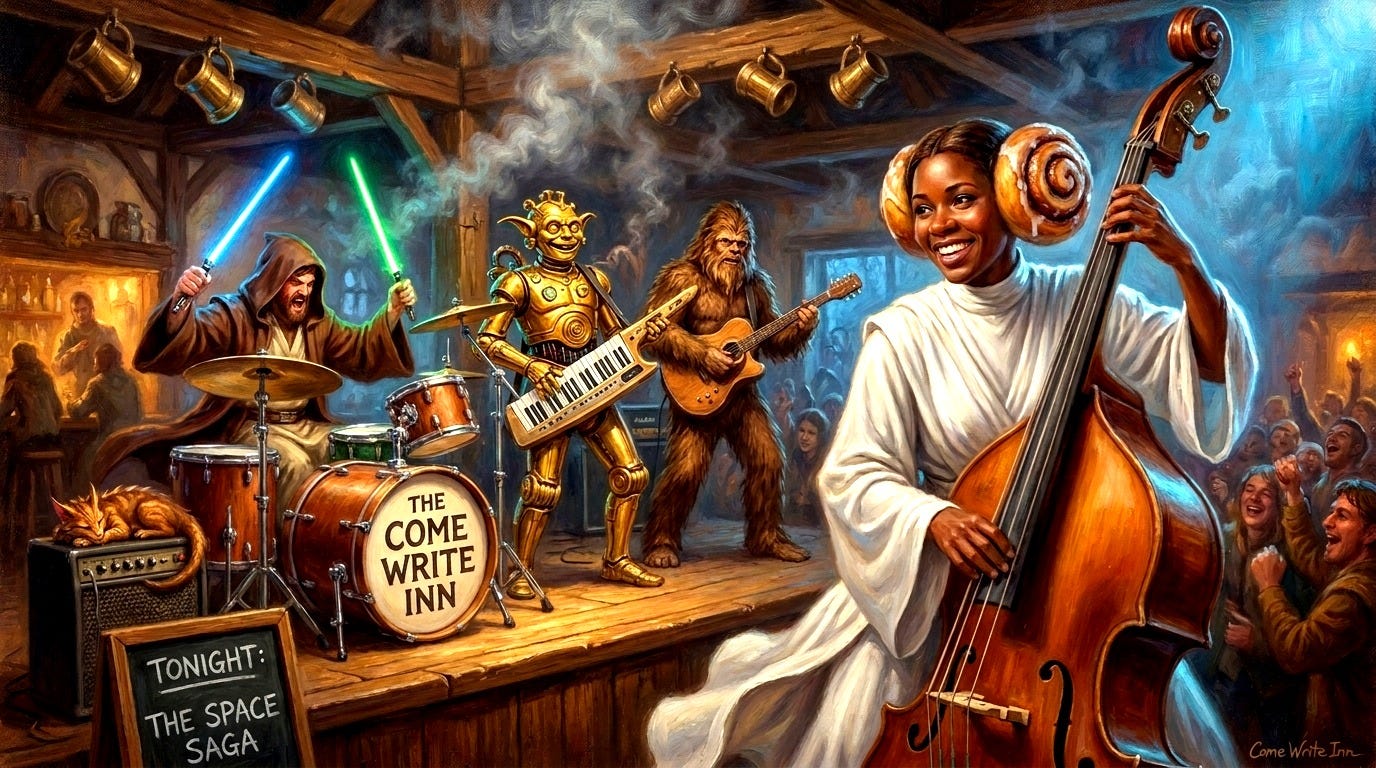 The backing band in a unified space-saga costume theme, the bassist crowned with Princess Leia cinnamon buns, a gold robot-troll on keytar, the drummer with glowing blade drumsticks, a cat-dragon on the amp.