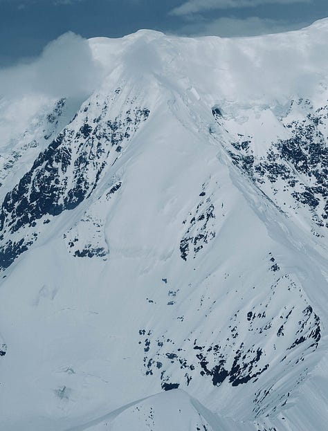 Three views of mountains near Denali from Talkeetna Air Taxi plane.