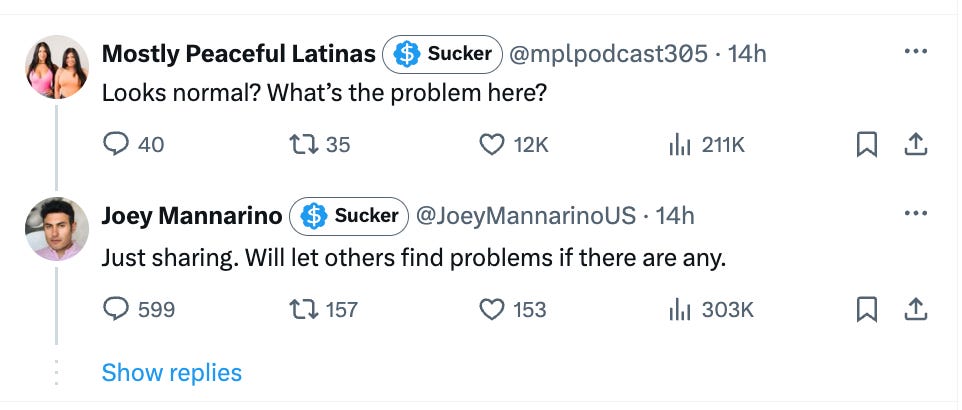 Tweet reply: "Looks normal? What's the problem here?" Mannarino: "Just sharing. Will let others find problems if there are any."