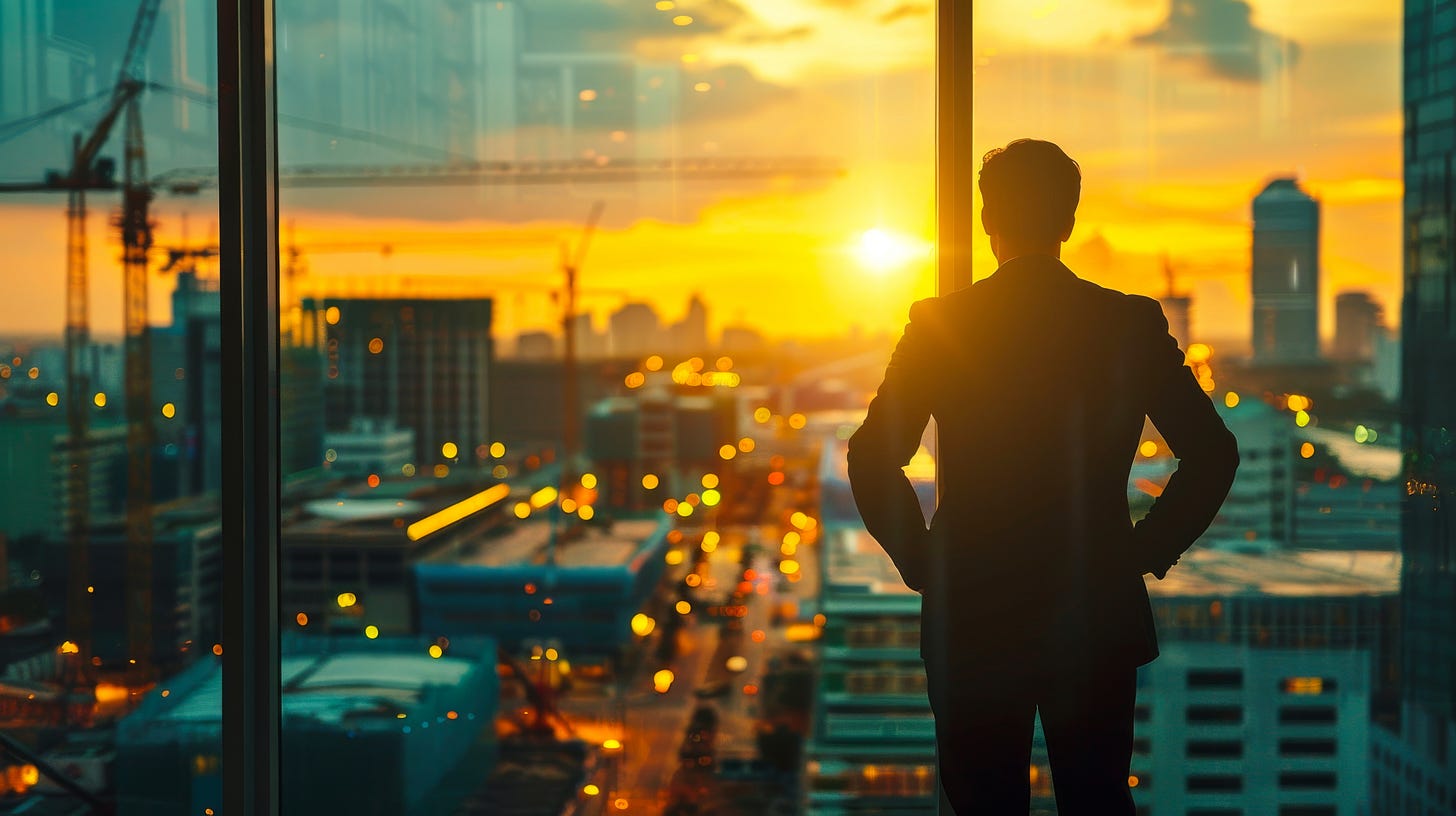 A man stands alone, looking out over a city, the view slightly blurred—suggesting reflection at a turning point.